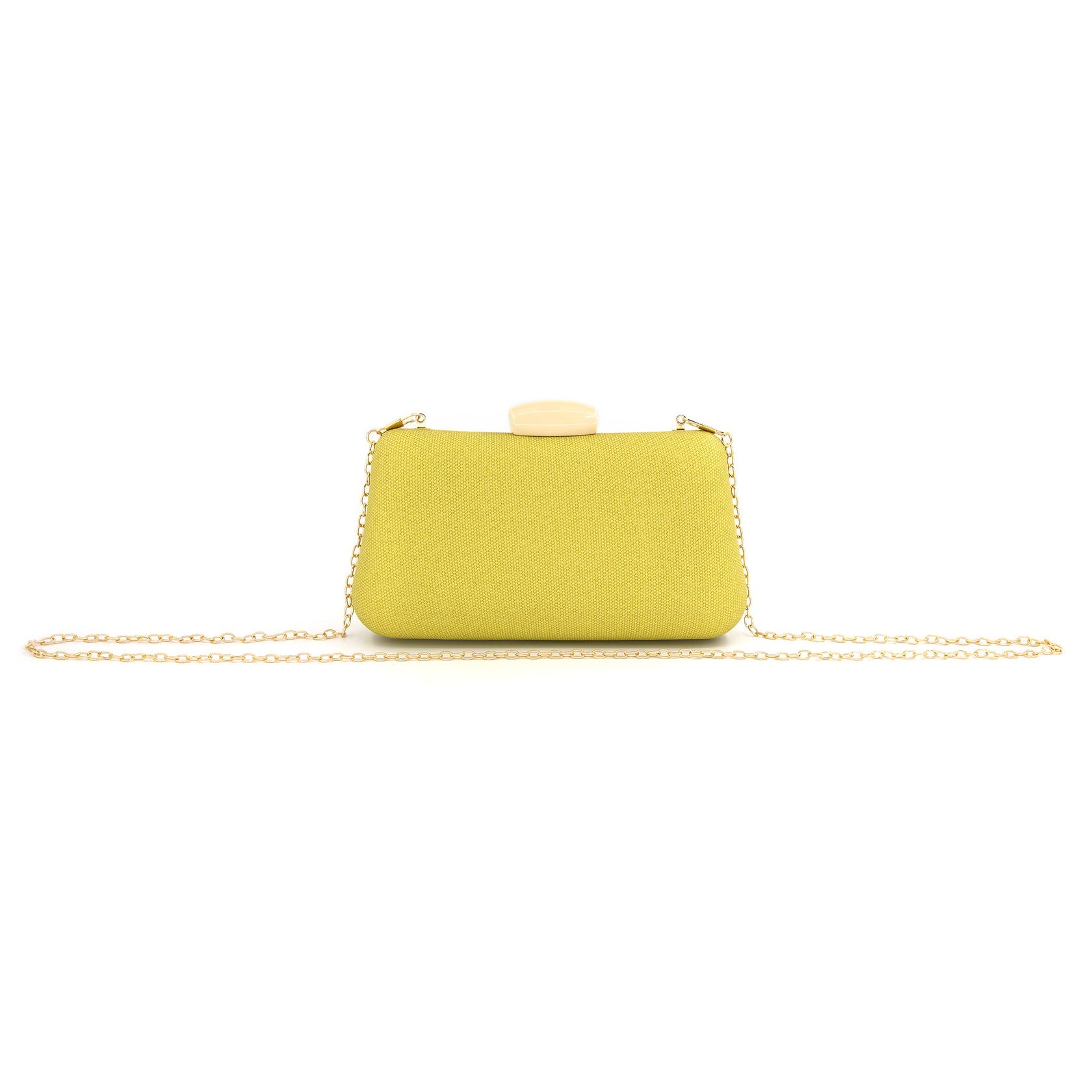 De la Cité Fabric Clutch | Elegant Handbag with Acrylic Closure & Gold Chain