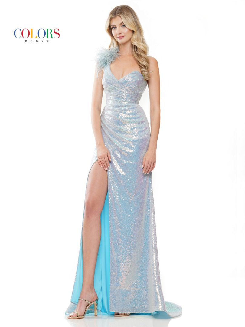 Sequin Fit & Flare Gown with Feather Shoulder & Lace-Up Back – Dazzling Prom Dress