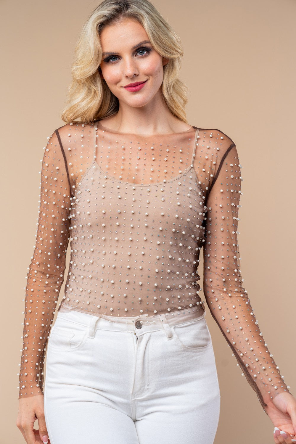 Long Sleeve Metalic Mesh Top