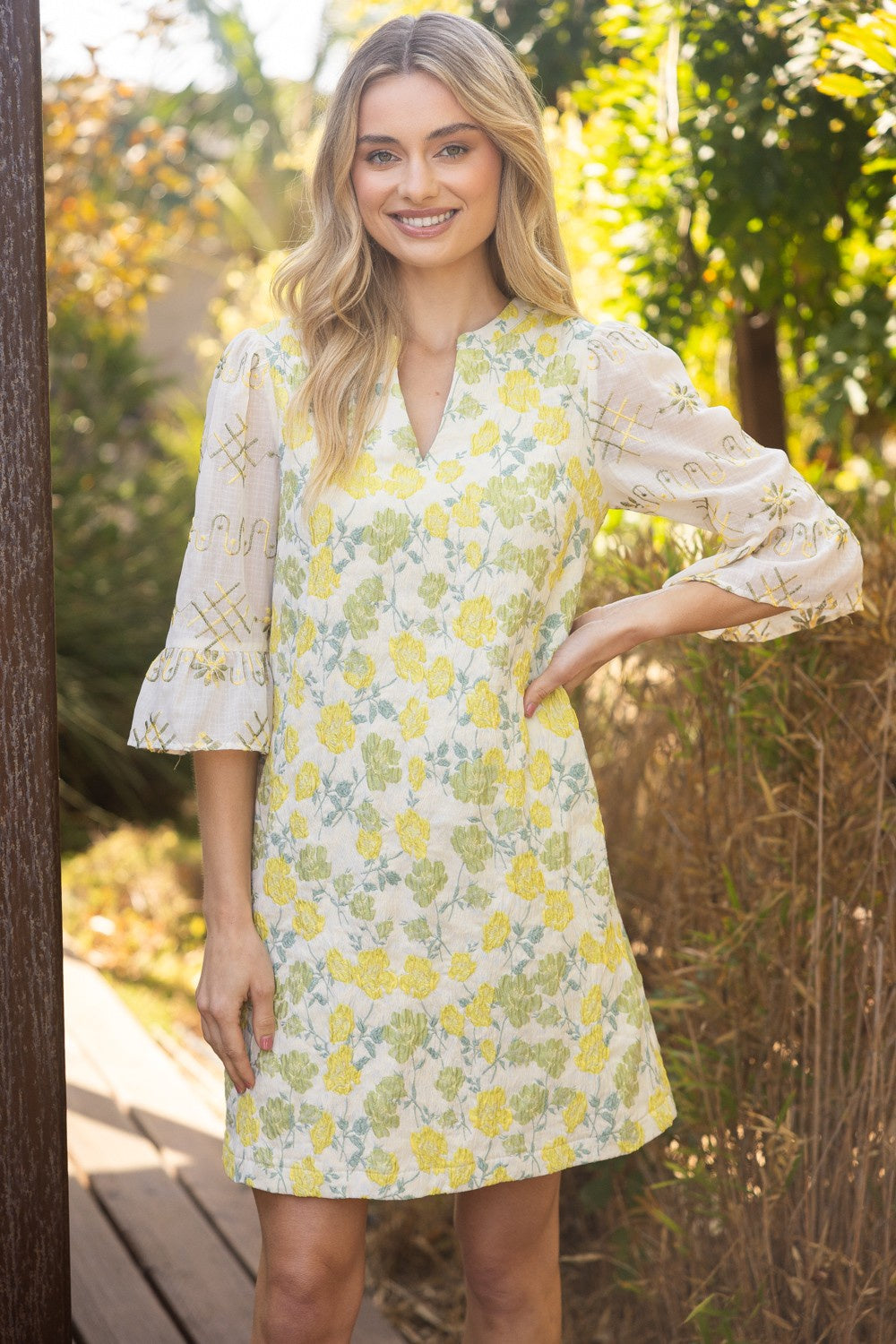 Floral Jaquard Contrast Sheer Sleeves Dress