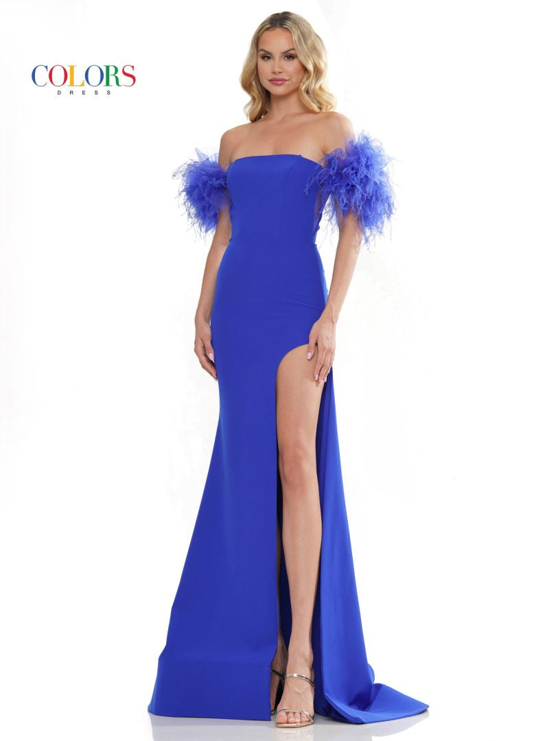 Royal Blue Off-Shoulder Crepe Gown with Feather Sleeves & High Slit – Statement Prom Dress