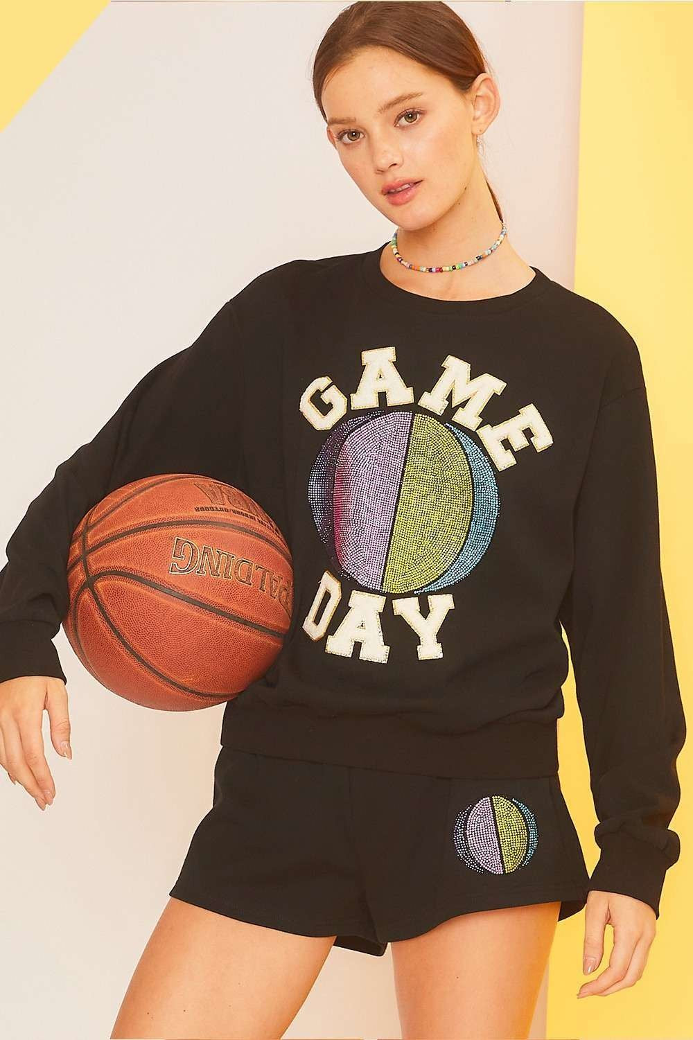 Rhinestone Color Basket Ball Sweater Top
