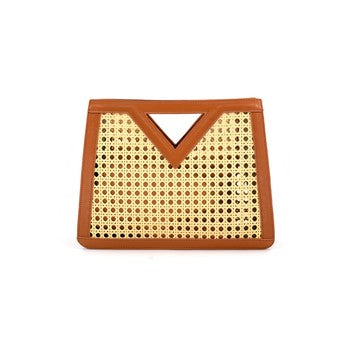 Tara Rattan & PU Handbag – Chic Boho Tote with Geometric Cutout Handle