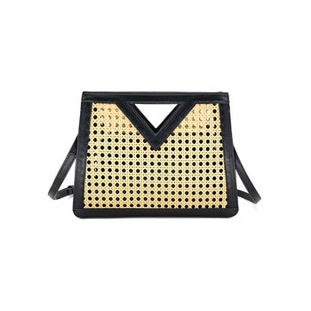Tara Rattan & PU Handbag – Chic Boho Tote with Geometric Cutout Handle