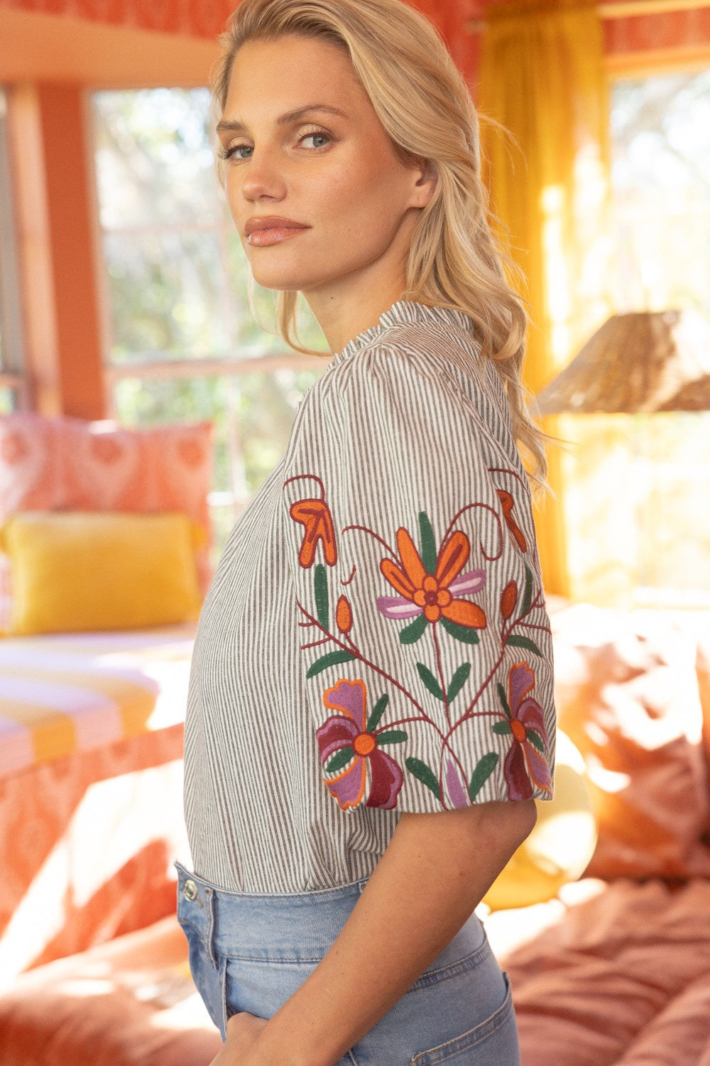 Floral Embroidered Sleeve Striped Top