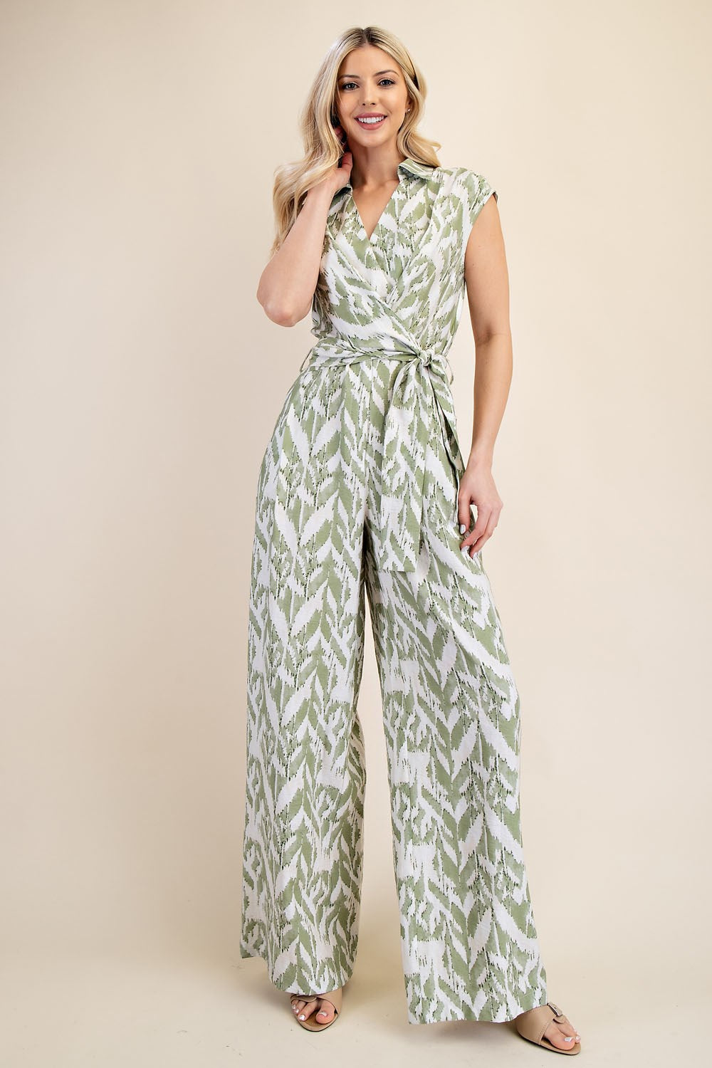 V-Neck Leaf Print Jumpsuit with Waist Tie