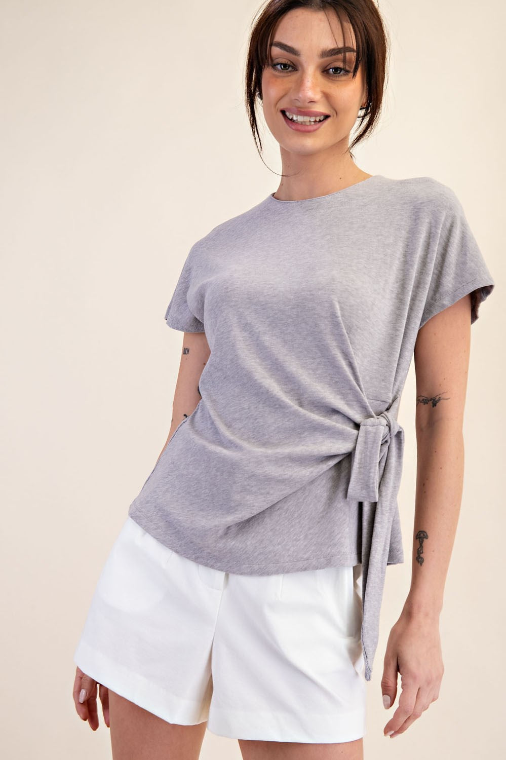 Side-Knot Knit Top – Soft Heather Grey Short Sleeve Tee