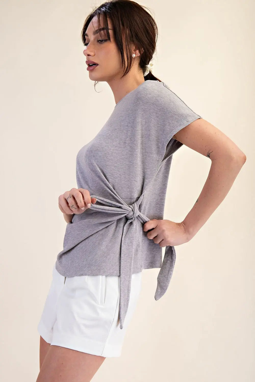 Side-Knot Knit Top – Soft Heather Grey Short Sleeve Tee
