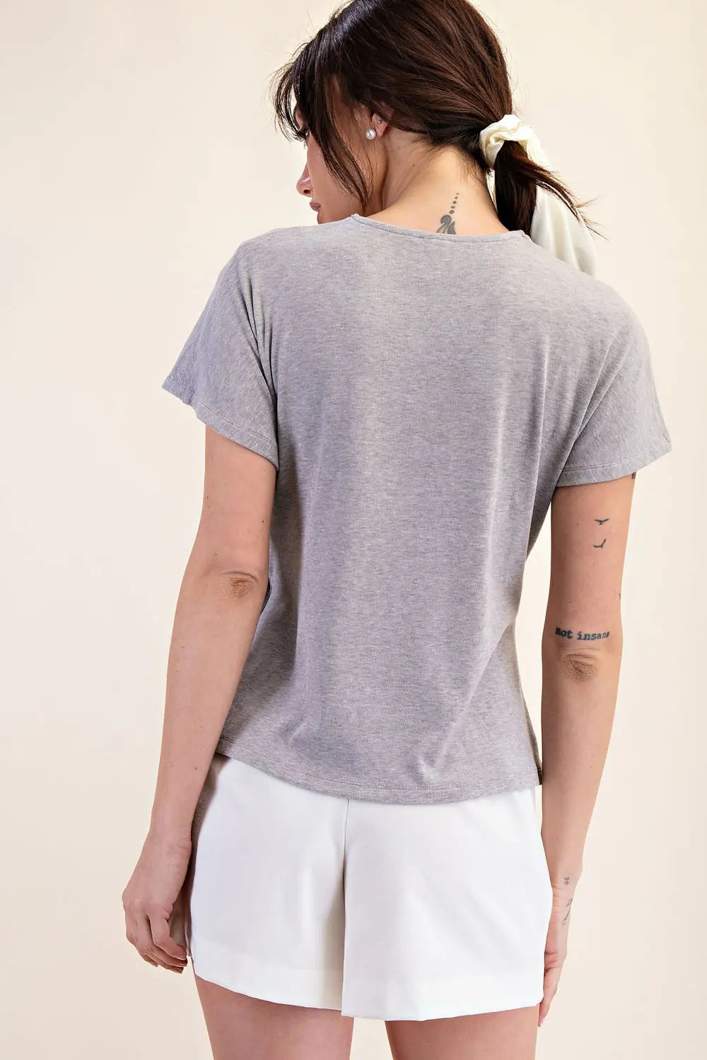 Side-Knot Knit Top – Soft Heather Grey Short Sleeve Tee