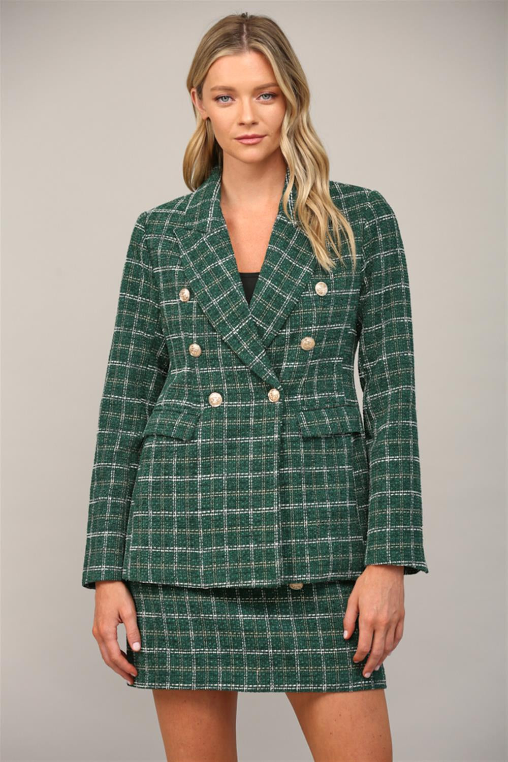 Green Lurex Mixed Tweed Double Breasted Blazer – Women’s Tailored Metallic Tweed Blazer Jacket