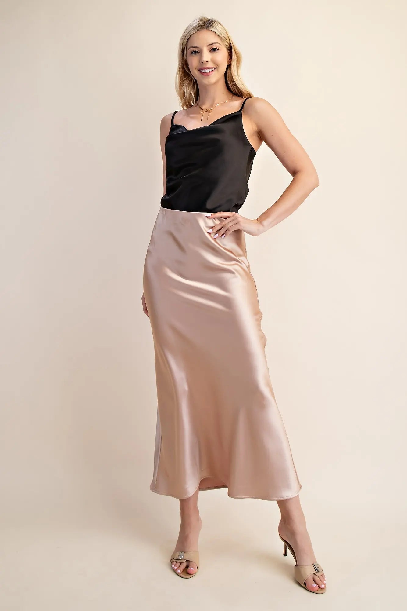 Satin Midi Skirt with Elastic Waist – Champagne Glow Finish