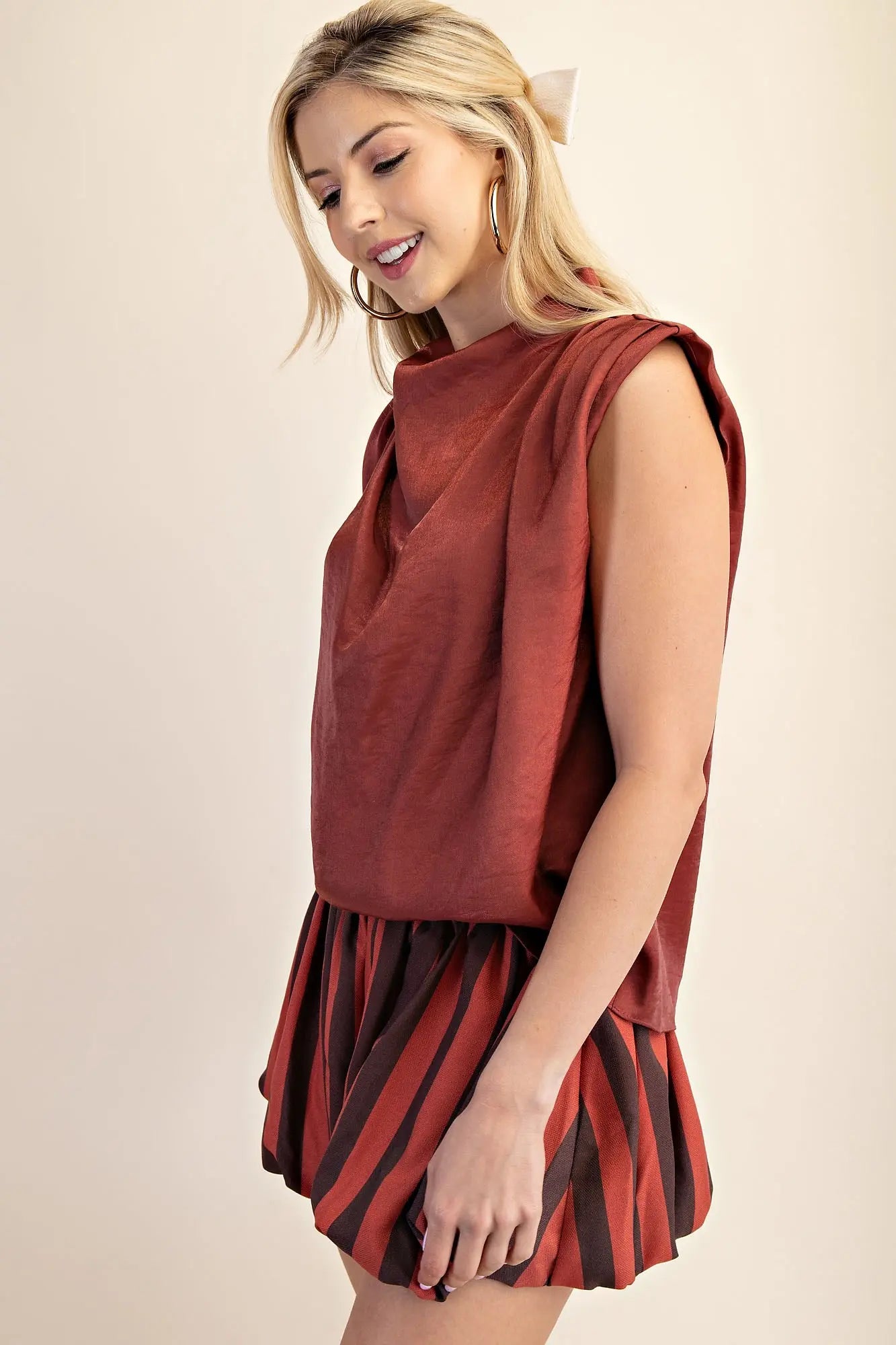 Cowl Neck Sleeveless Top – Rust Satin with Shoulder Pleats