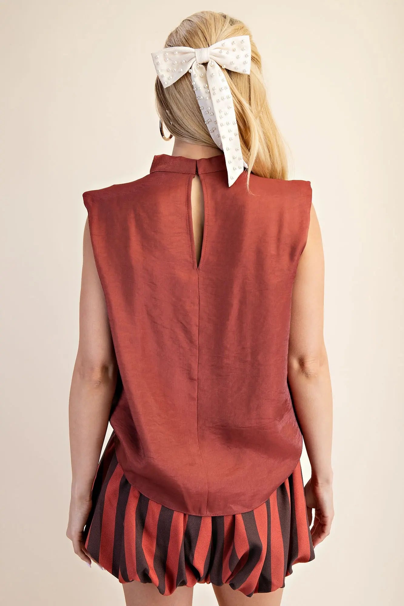 Cowl Neck Sleeveless Top – Rust Satin with Shoulder Pleats