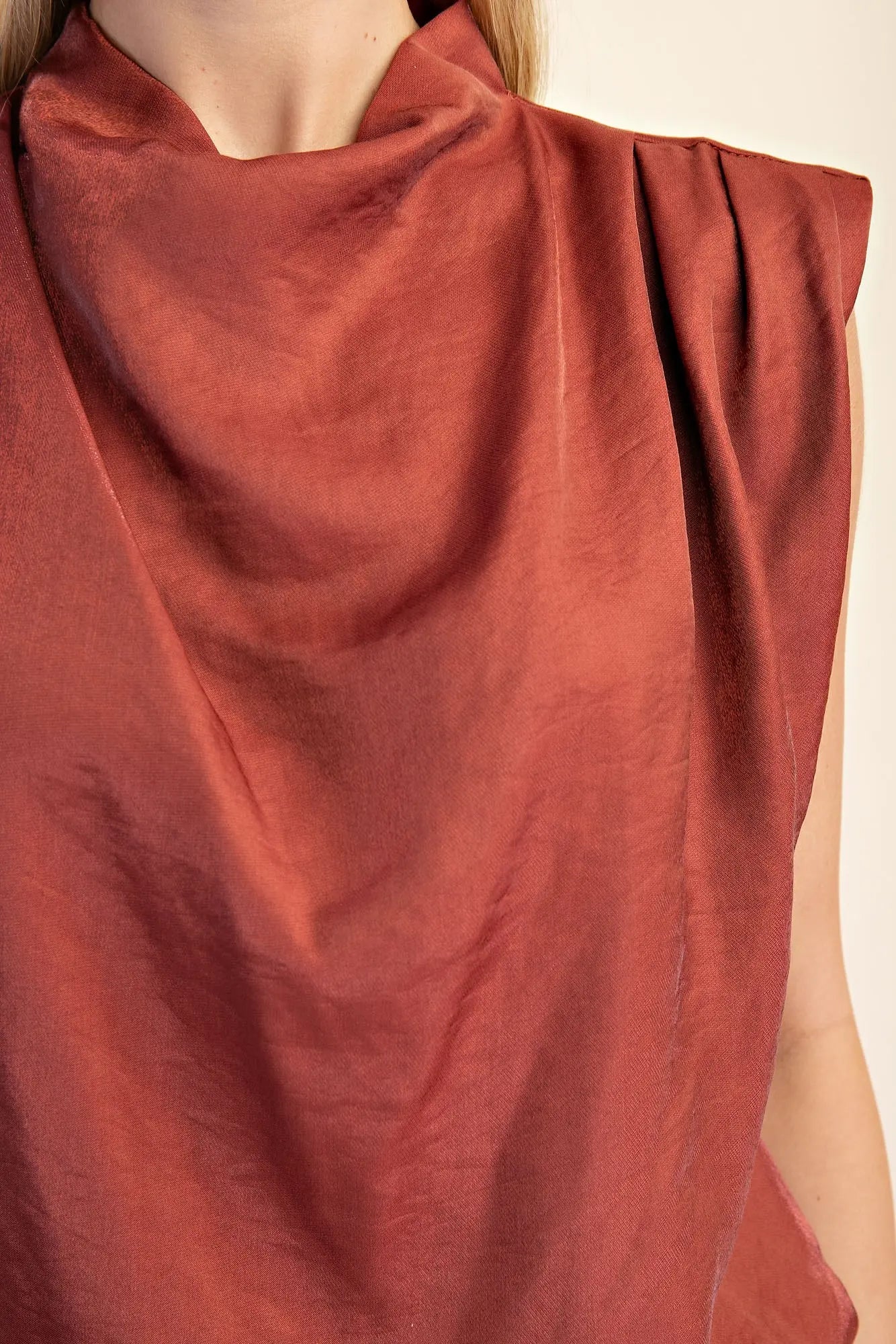 Cowl Neck Sleeveless Top – Rust Satin with Shoulder Pleats