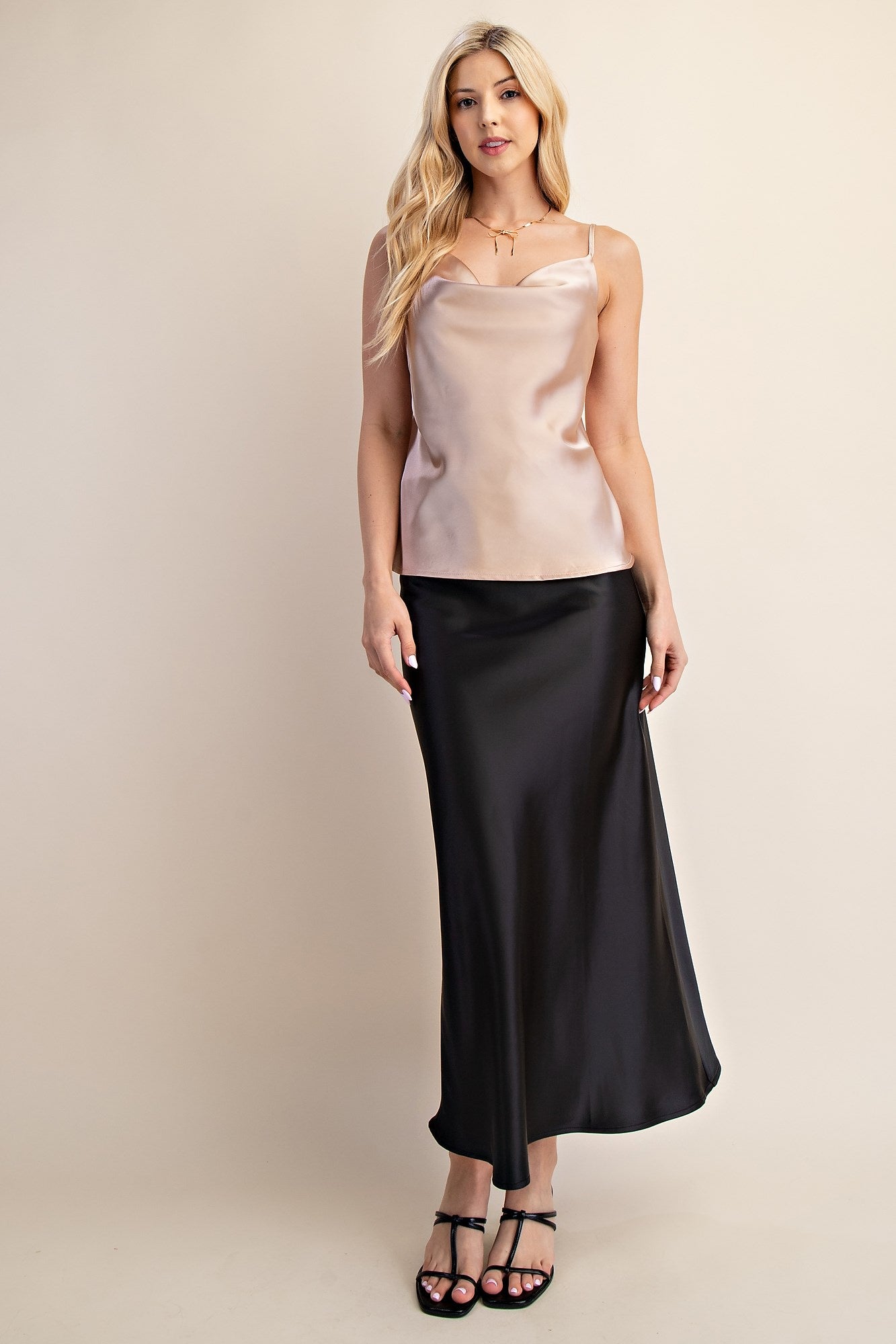 Satin Cowl Neck Cami – Champagne Gold Spaghetti Strap Top