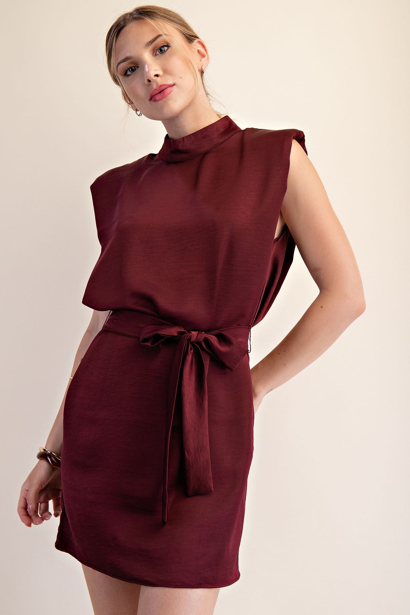Mock Neck Shoulder Padded Mini Satin Dress