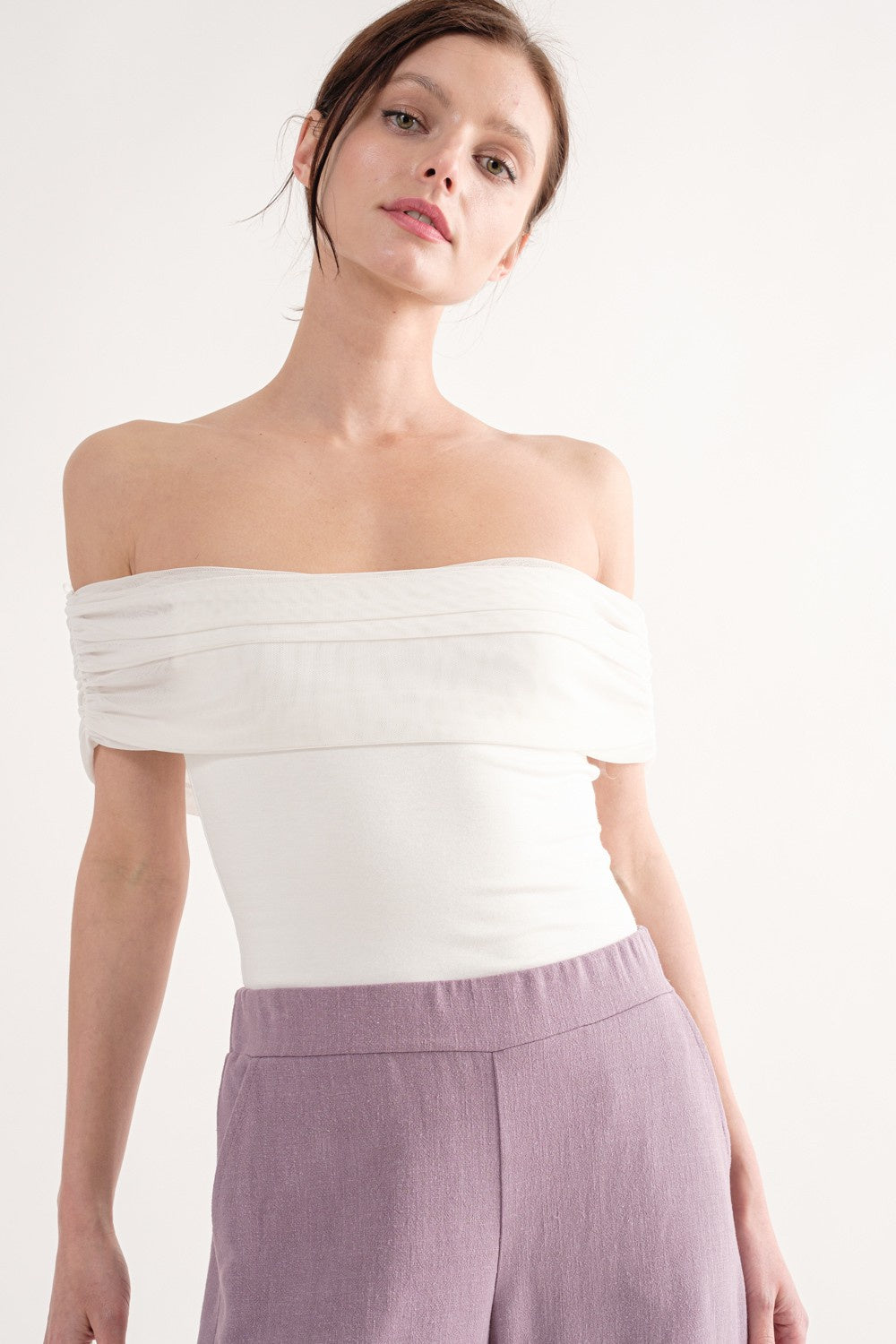 OFF SHOULDER MESH CONTRAST BODYSUIT