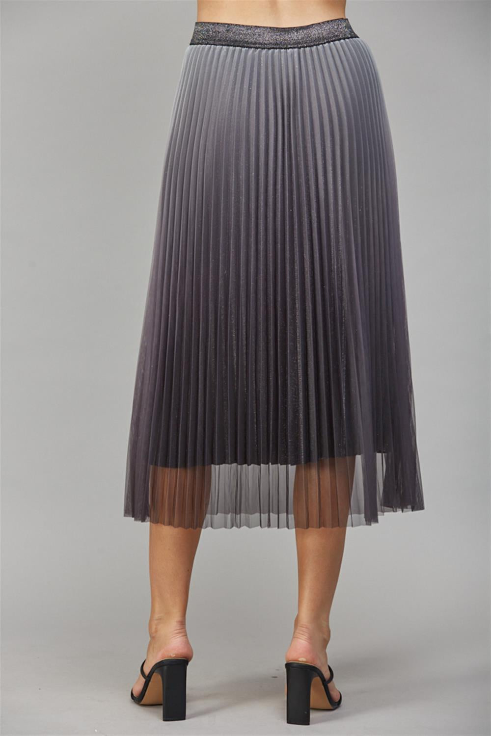 Grey Ombre Pleated Sheer Midi Skirt – Metallic Layered A-Line Skirt for Elegant Evenings & Chic Daywear