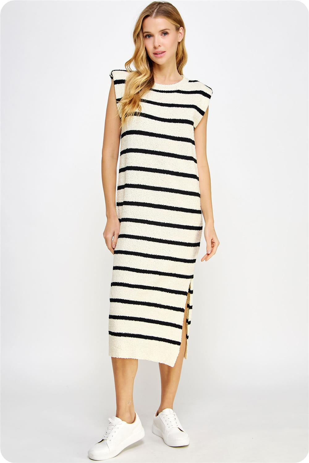 SHOULDER PAD SLEEVELESS TEXTURED STRIPED KNIT DRESS