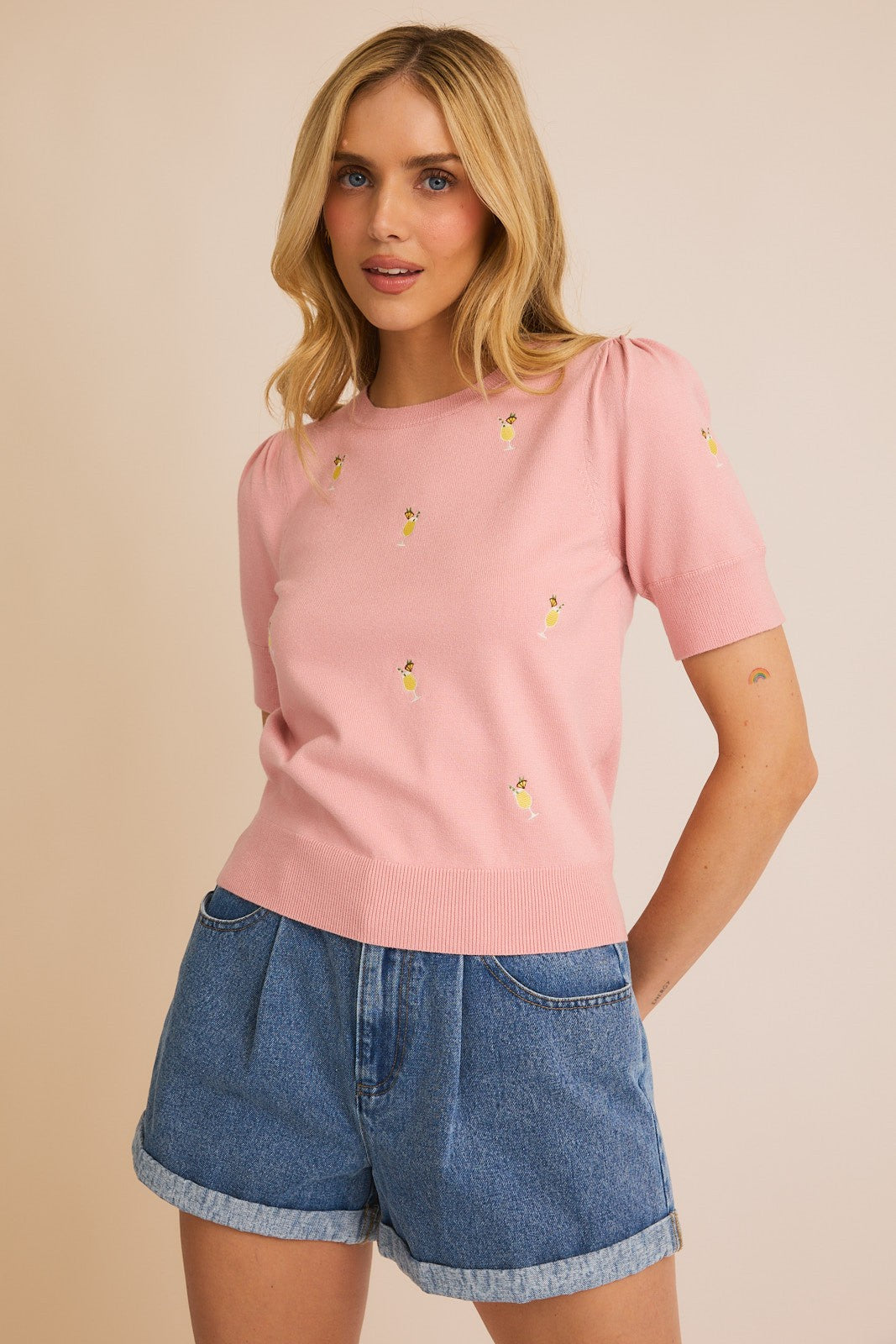 Round Neck Puff Sleeve Embroidered Knit Top