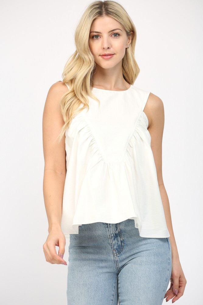 ROUND NECK V-SHAPE RUCHING SLEEVELESS TOP