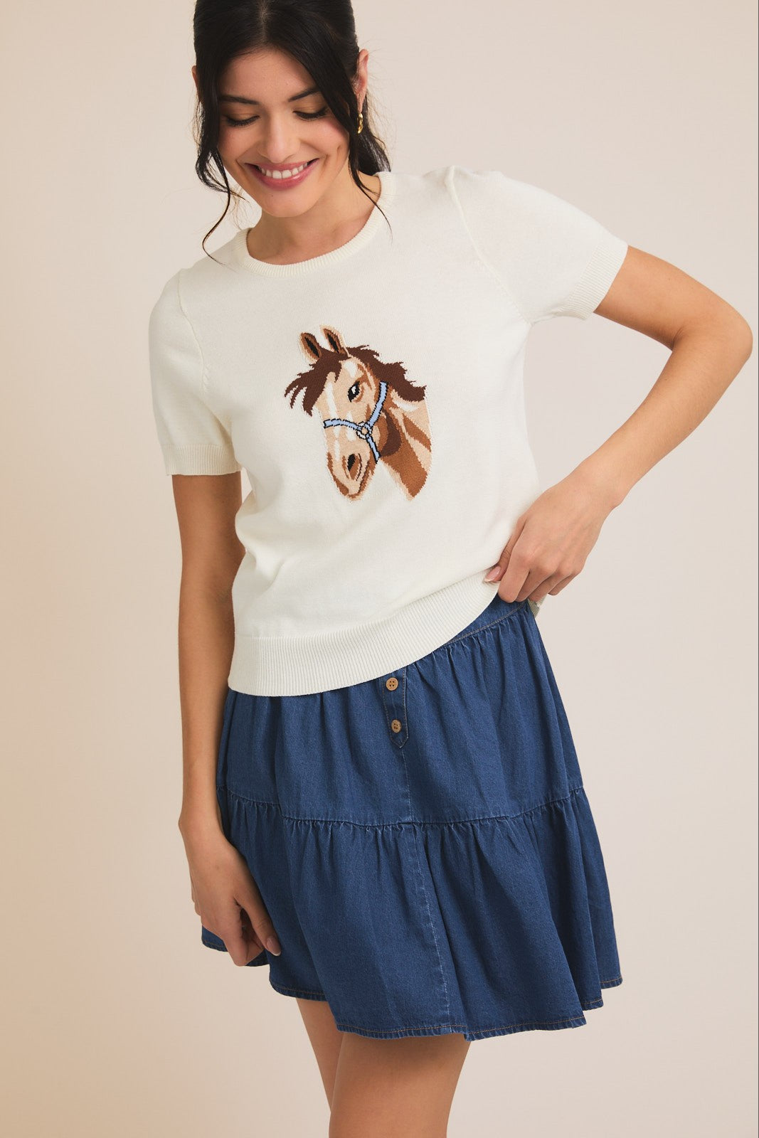ROUND NECK SHORT SLEEVE HORSE GRAPHIC SWEATER