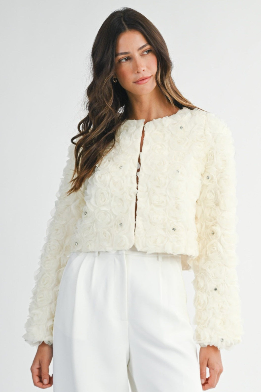 3d Floral With Rhinestone Open Crop Jacket