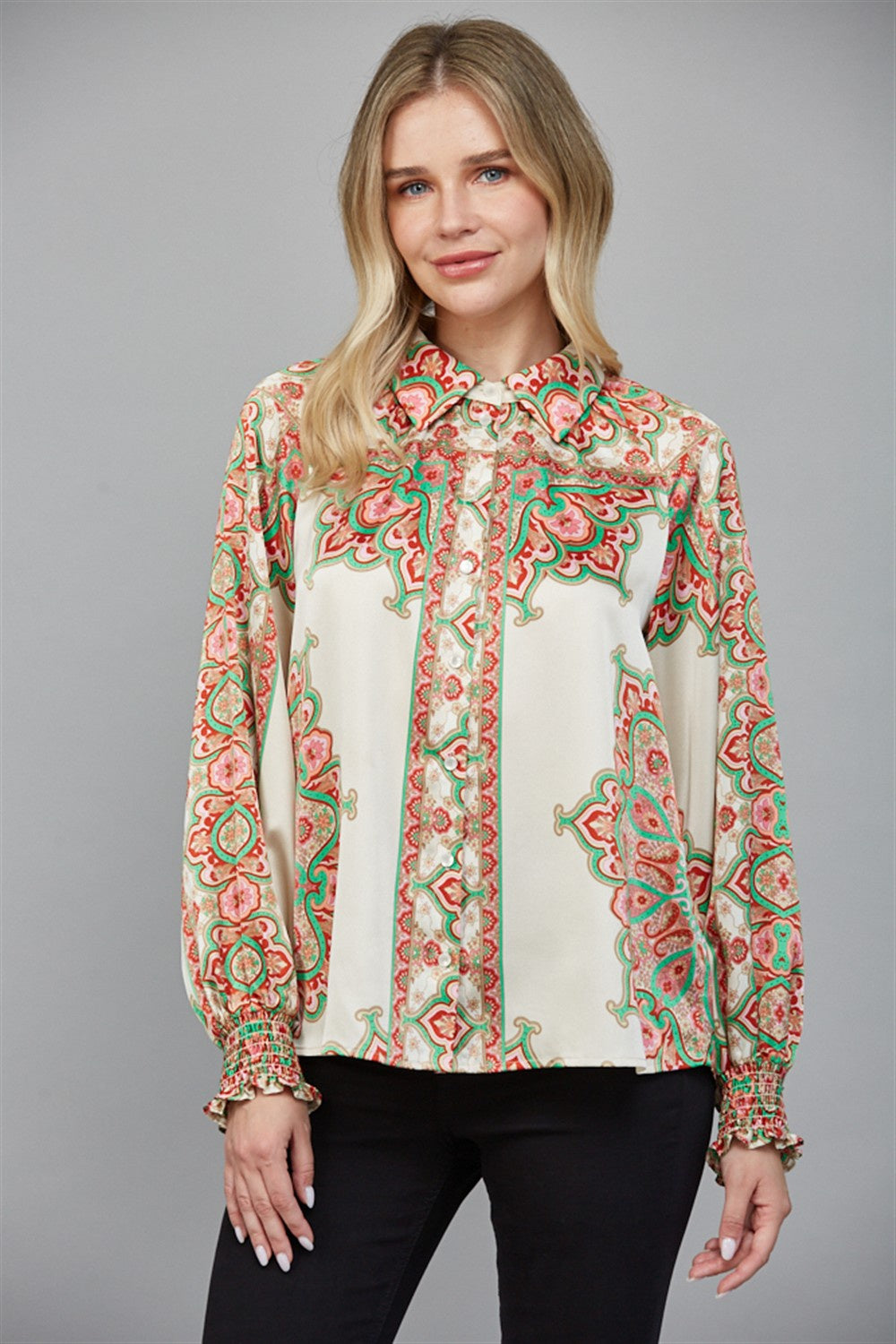 Cream Multi Abstract Border Print Button Down Blouse – Elegant Long Sleeve Top