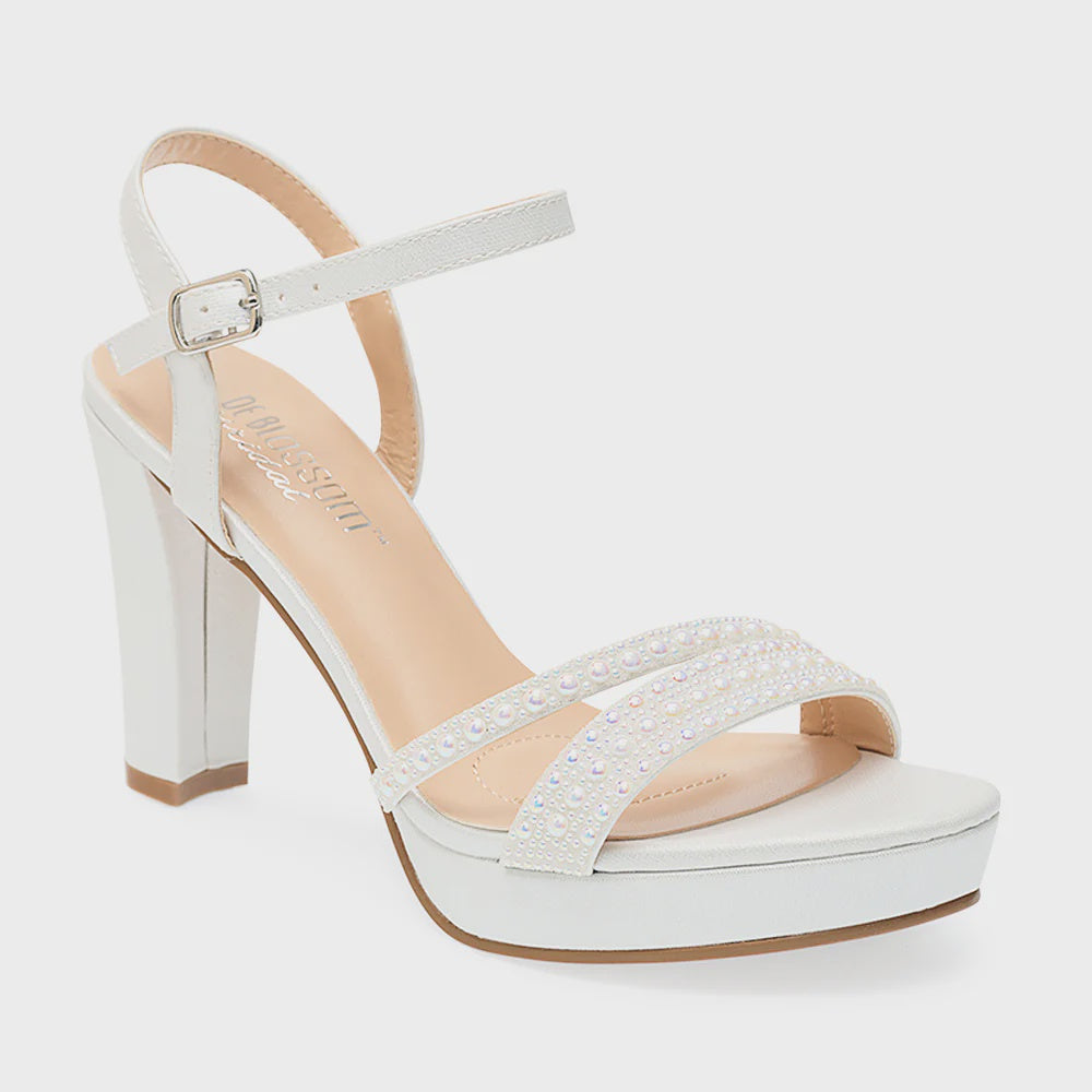 White Shimmer Ankle Strap Block Heel – Elegant and Comfortable