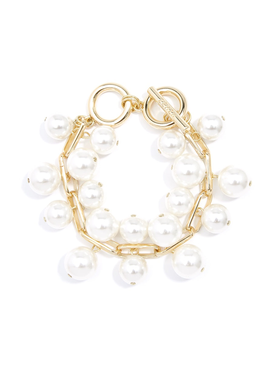 Gold Chain Link Bracelet with Pearl Charms – Statement Toggle Bracelet with Dangling Pearls
