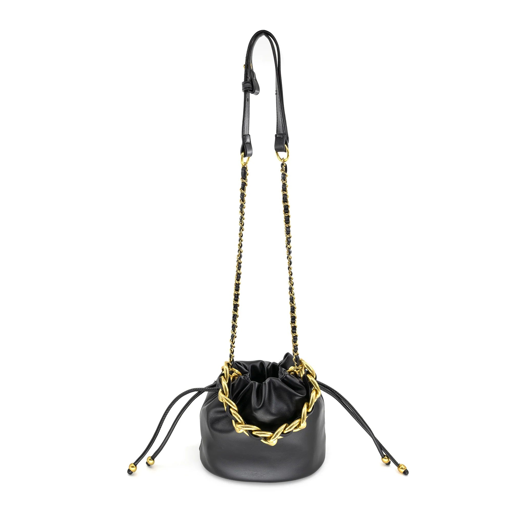 Chic PU Drawstring Pouch Bag with Gold Chain Detail