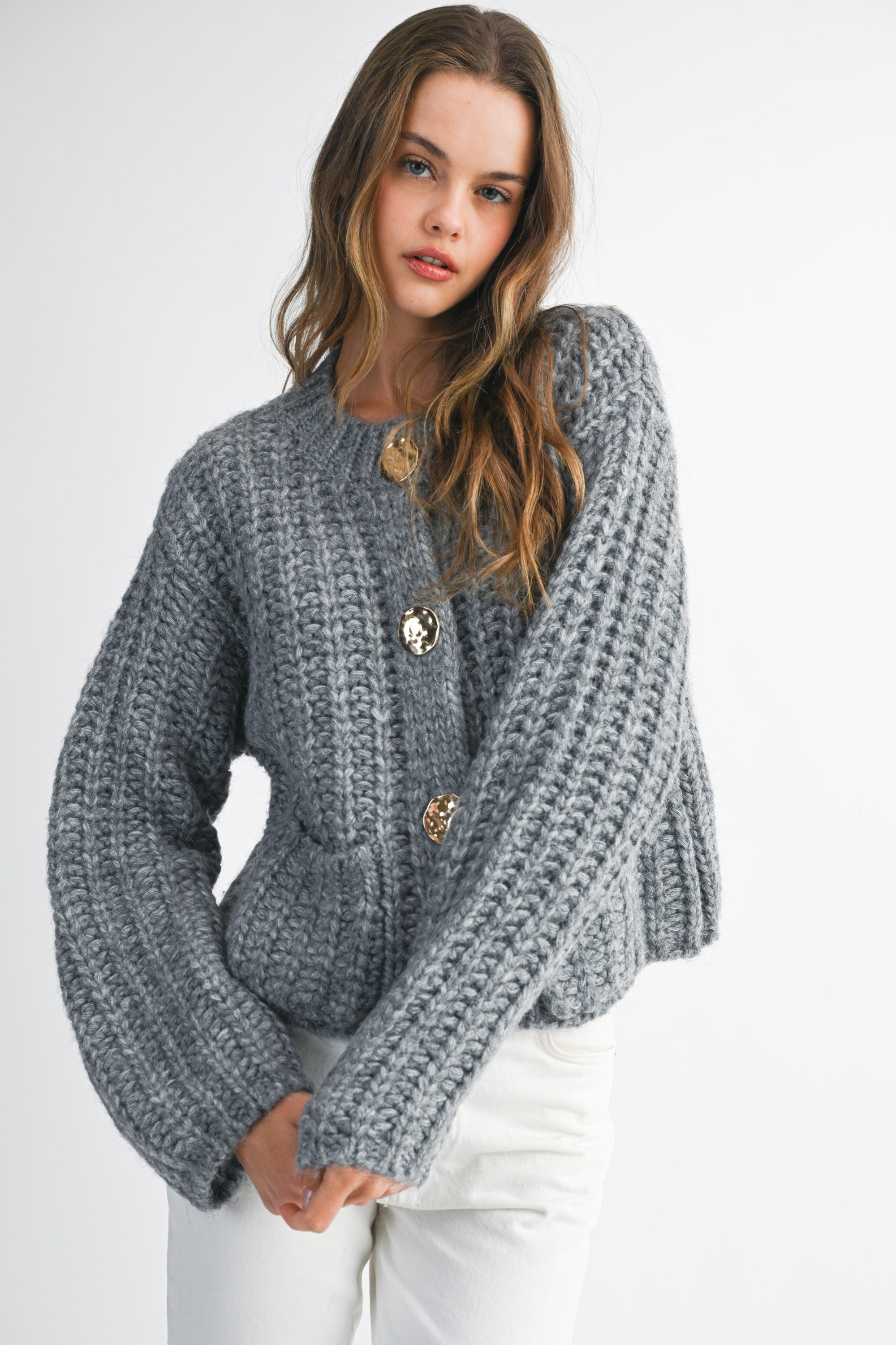 Chunky Knit Long Sleeve Gold Button Down Cardigan