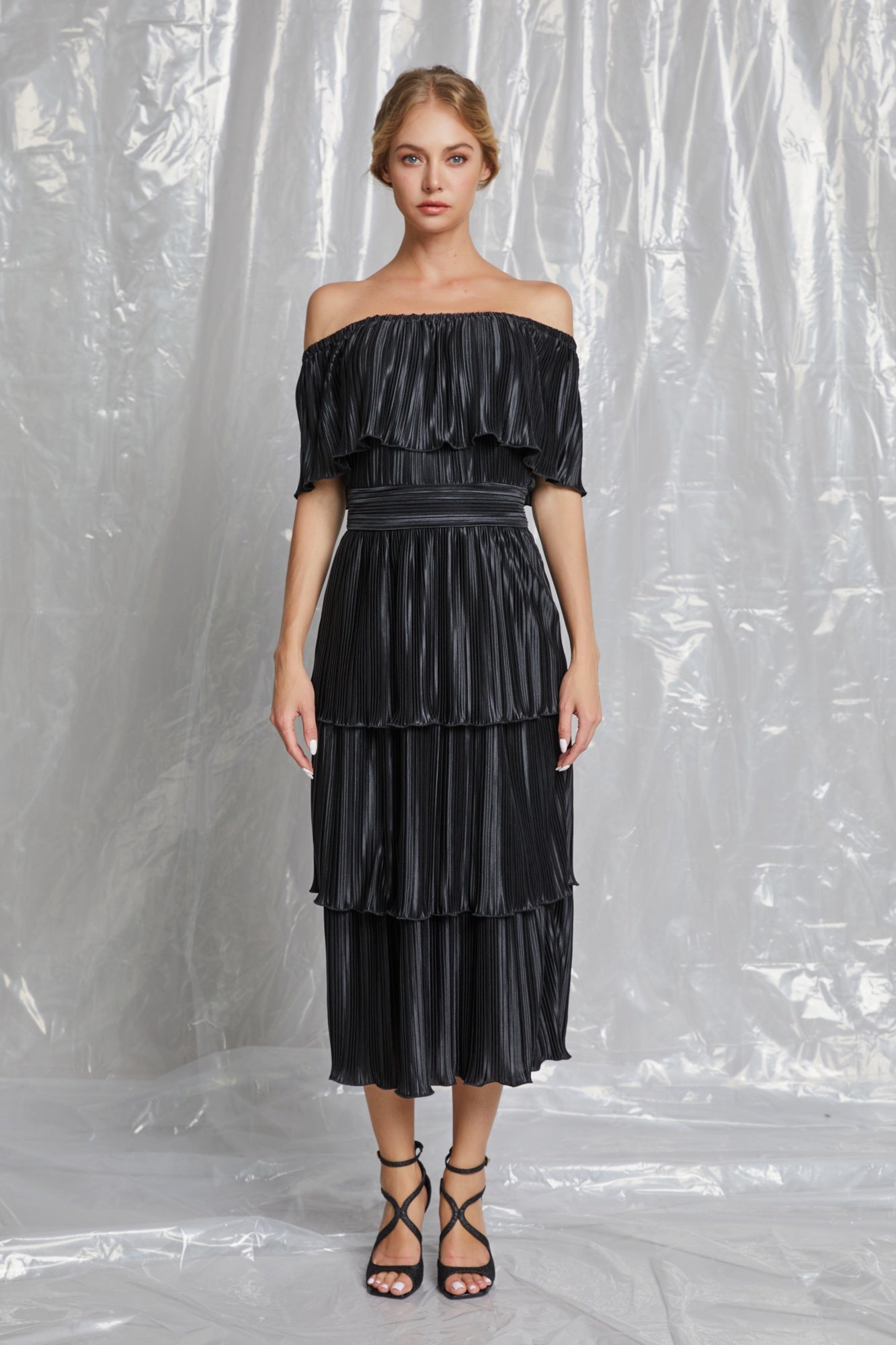 PLEATED SATIN LAYERED MIDI DRESS