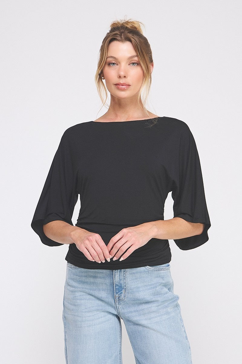 Double Knit Angel Sleeve Cinch Side Top - Black