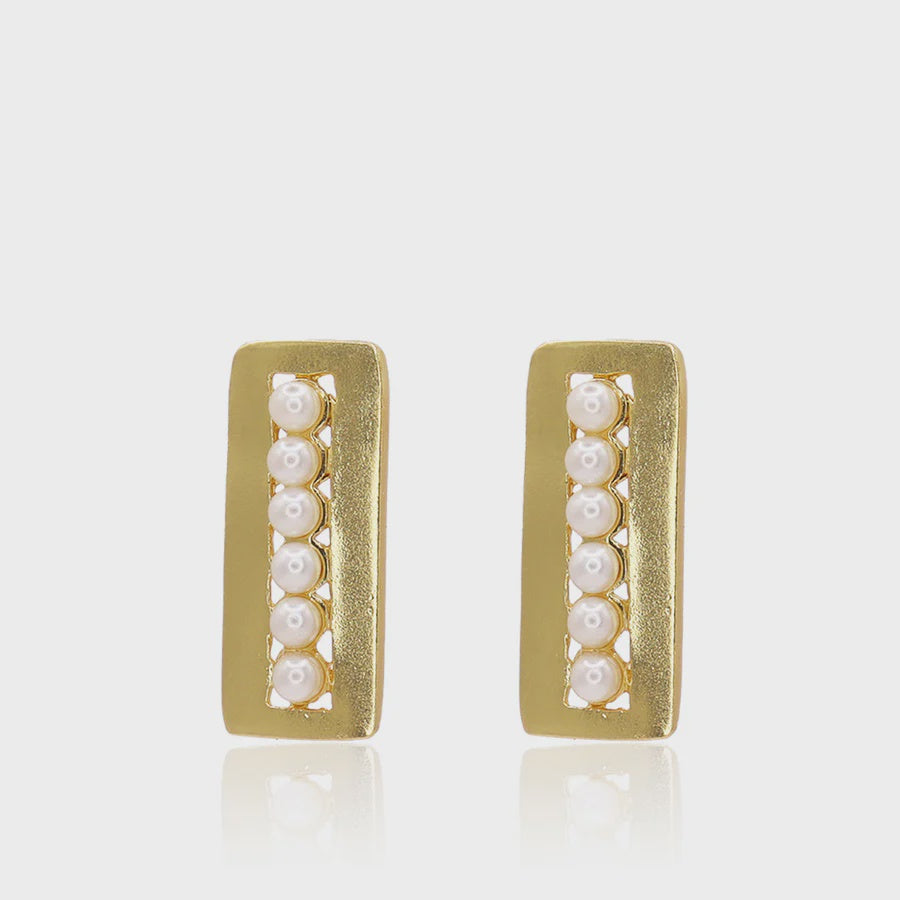Rectangular Pearl Row Earrings – Gold Plated with Faux Pearls