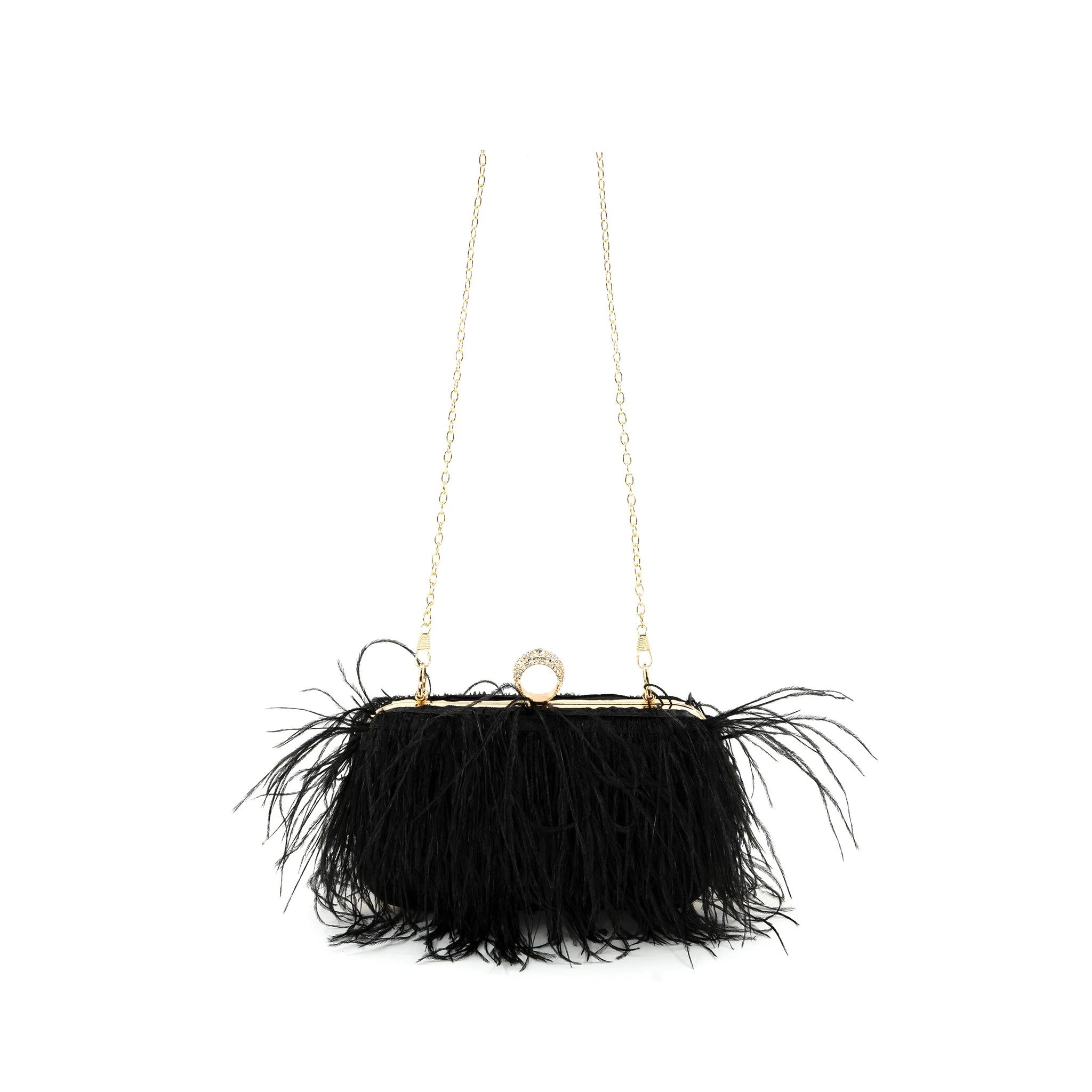Elegant Black Feather Evening Bag with Crystal Clasp & Gold Chain