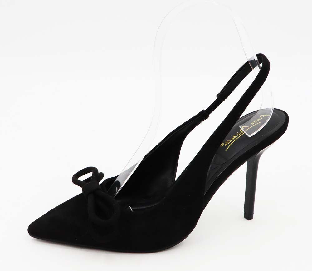 Slingback Pump with Double Bows – Black Faux Suede Elegance