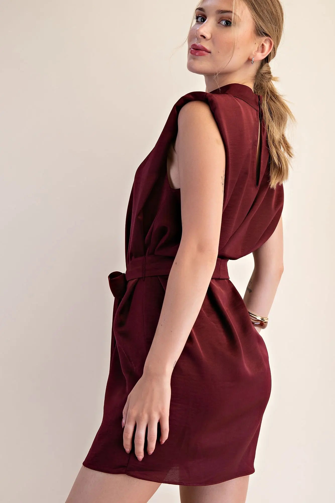 Mock Neck Shoulder Padded Mini Satin Dress