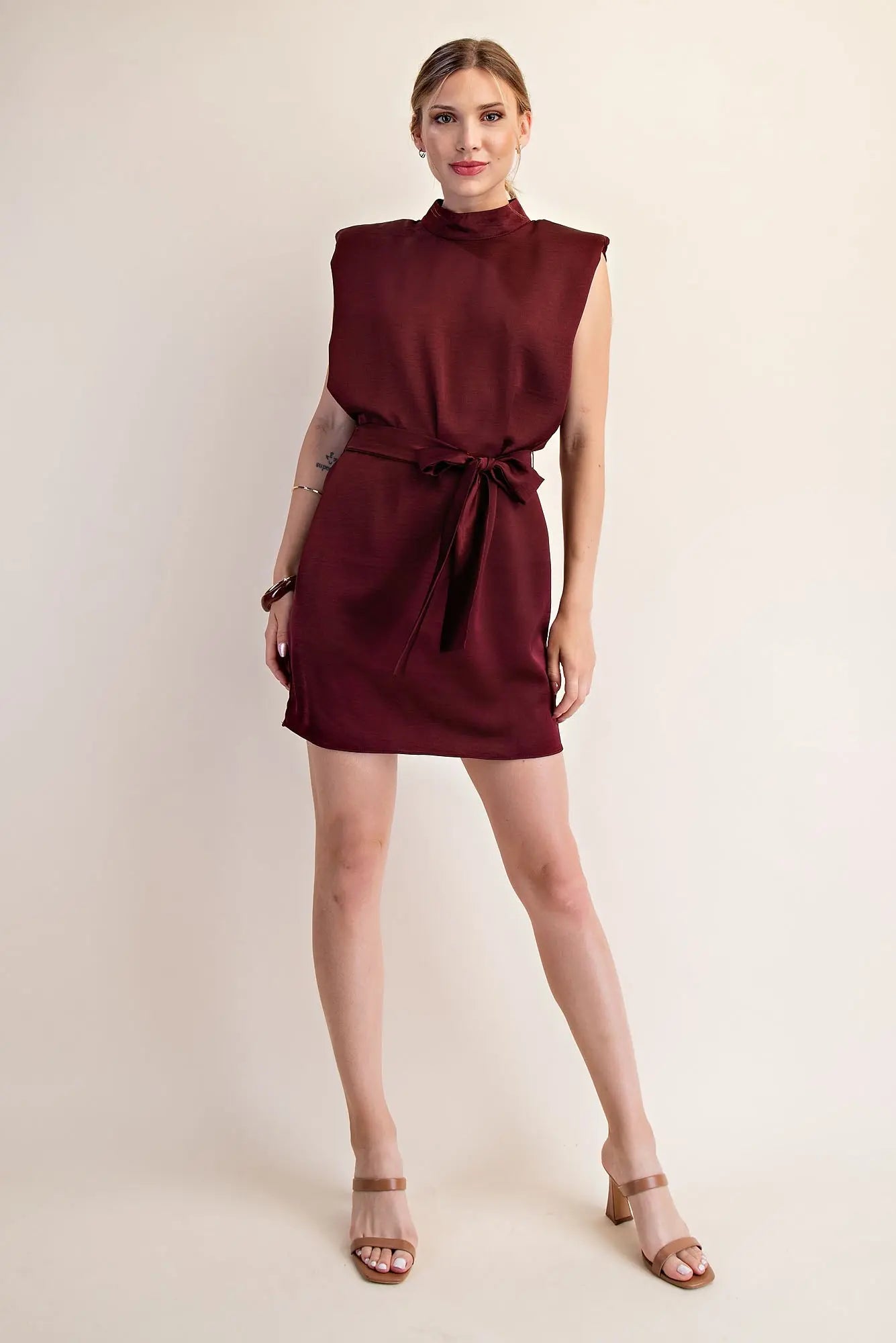 Mock Neck Shoulder Padded Mini Satin Dress