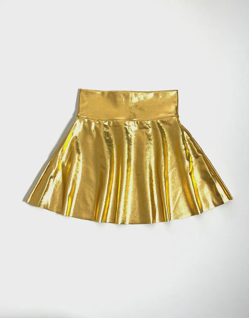 Metallic Knit Skater Skirt with Pockets – Gold Flared Mini Skirt