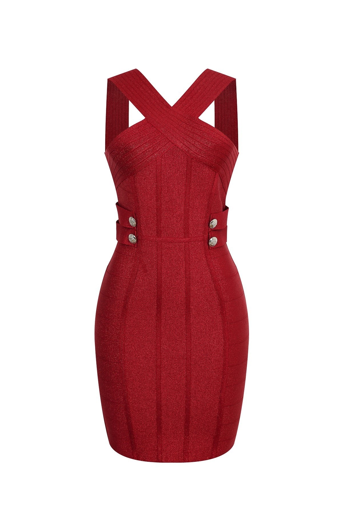 Metallic Bandage Sleeveless Dress – Red Bodycon Mini with Gold Button Detail
