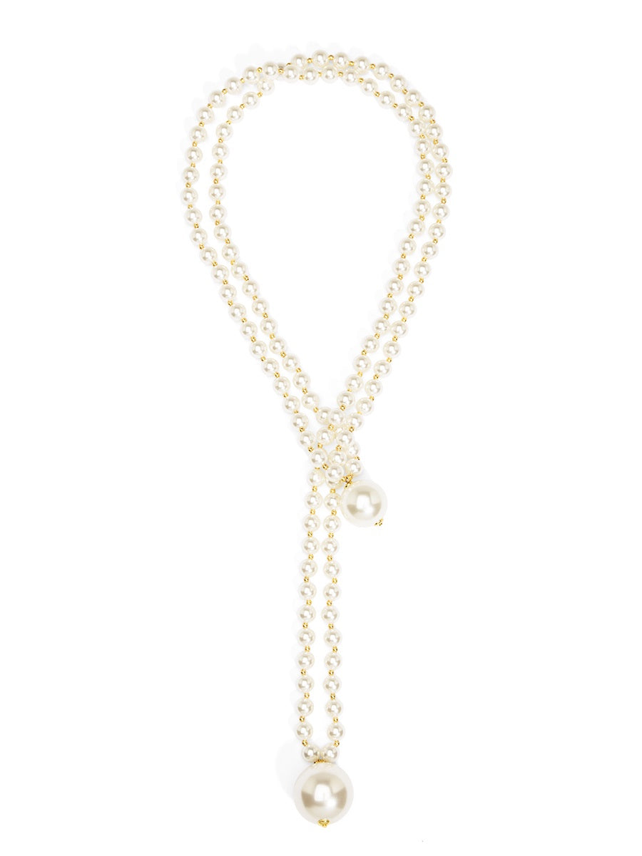 Double Strand Pearl Lariat Necklace with Gold Accents – Elegant Y-Necklace with Oversized Pearl Drops