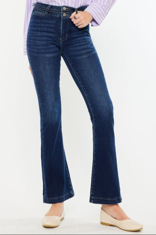 Open Pack High Rise Flare Jeans – Dark Wash Double Waistband Denim