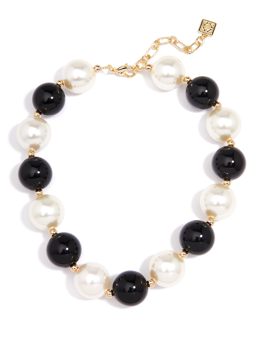 Oversized Pearl Collar Necklace – Black & White Beads with Gold Accents