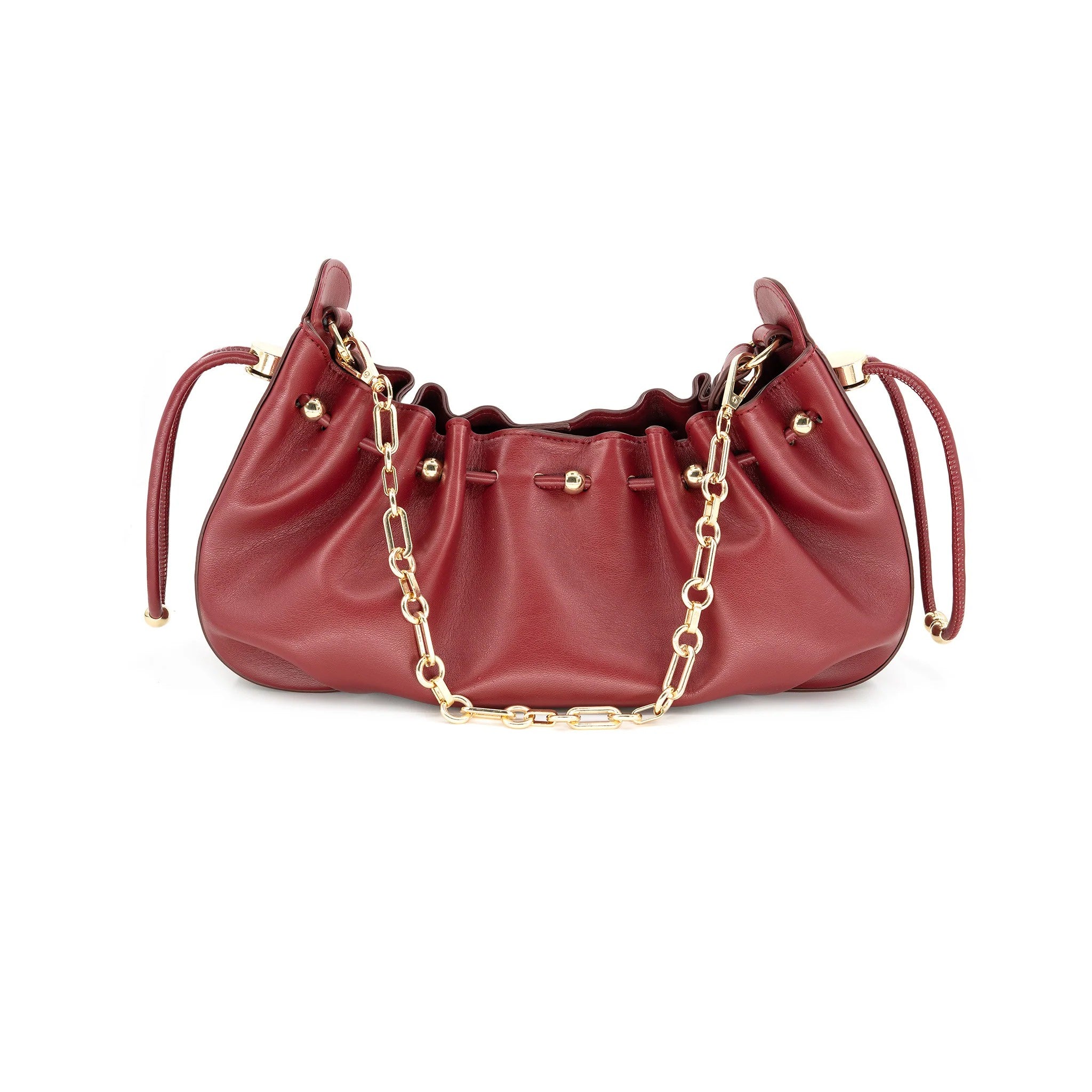 PU Leather Ruffle Shoulder Bag with Gold Chain – Drawstring Crossbody Purse