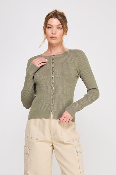 Pointelle Ribbed Fine Gauge Cardigan – Long Sleeve Knit Sweater