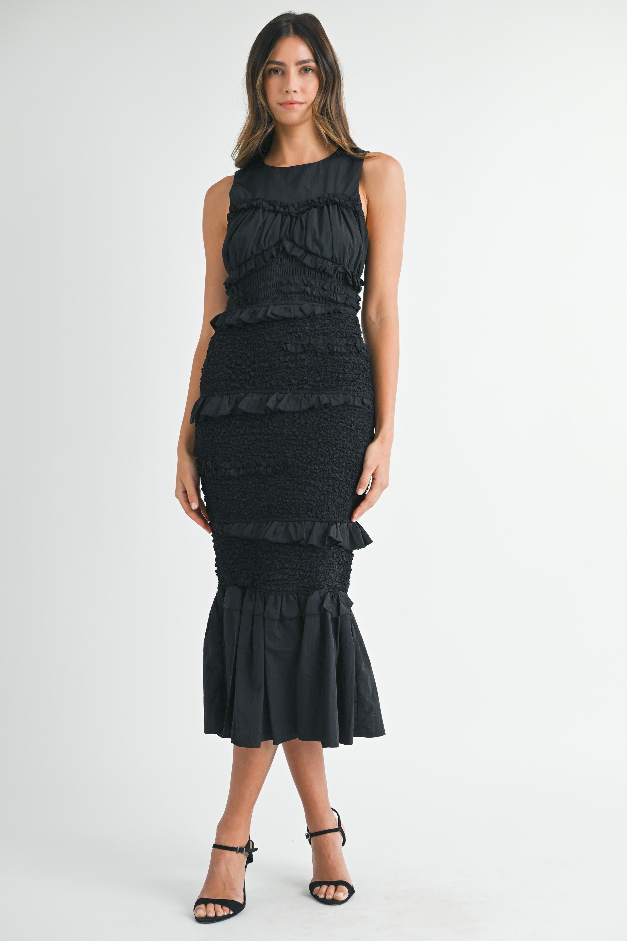 Ruffled Popcorn Smocked Mermaid Midi Dress