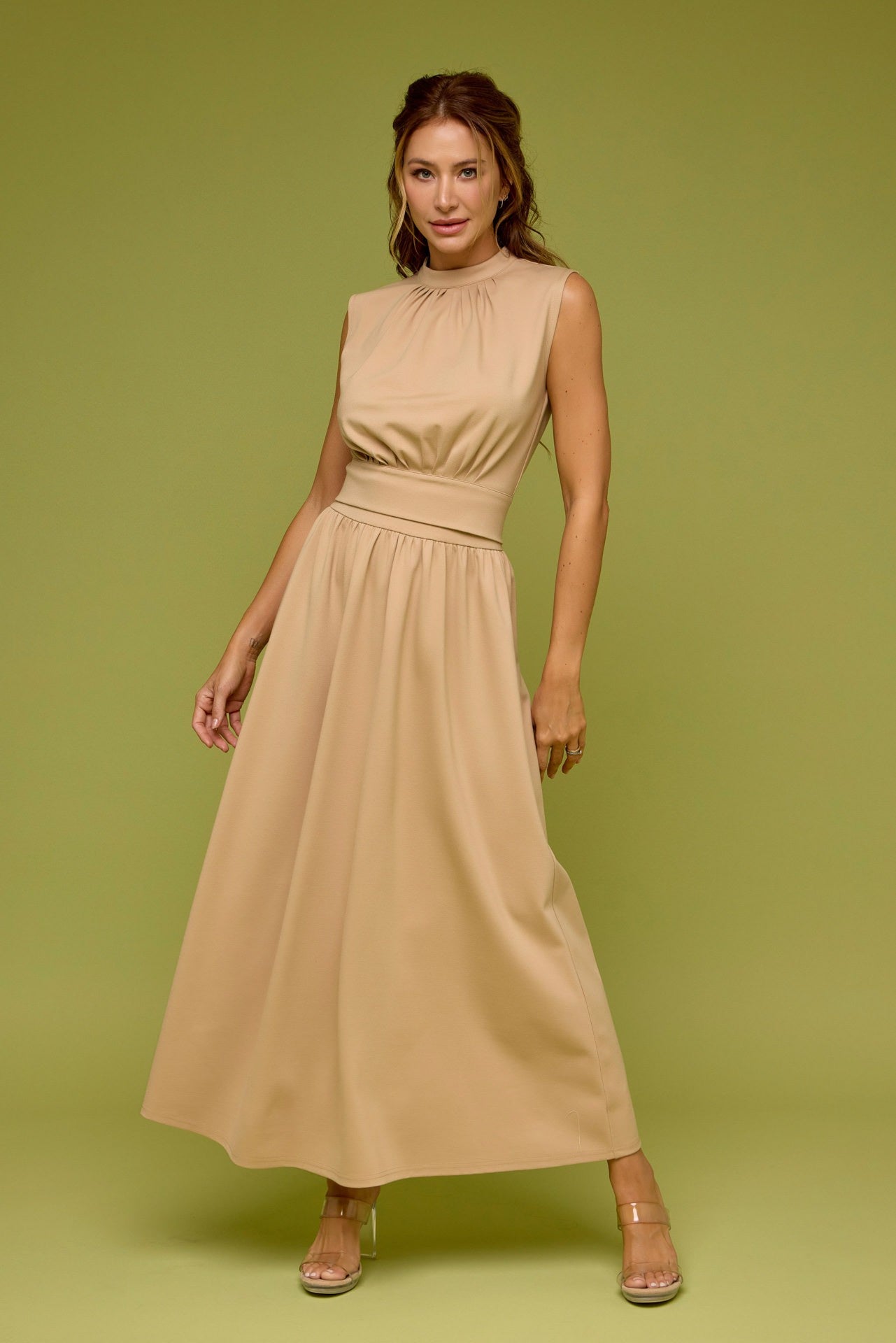 Knit Ruched Sleeveless Mock Neck Top