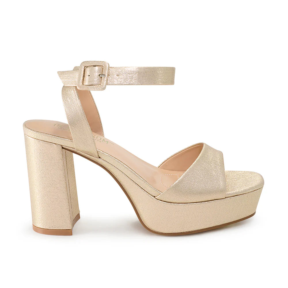 Gold Ankle Strap High Block Heels