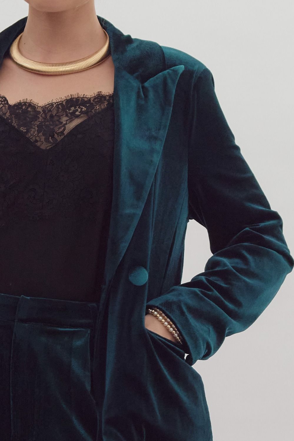 Green Velvet Long Sleeve Blazer